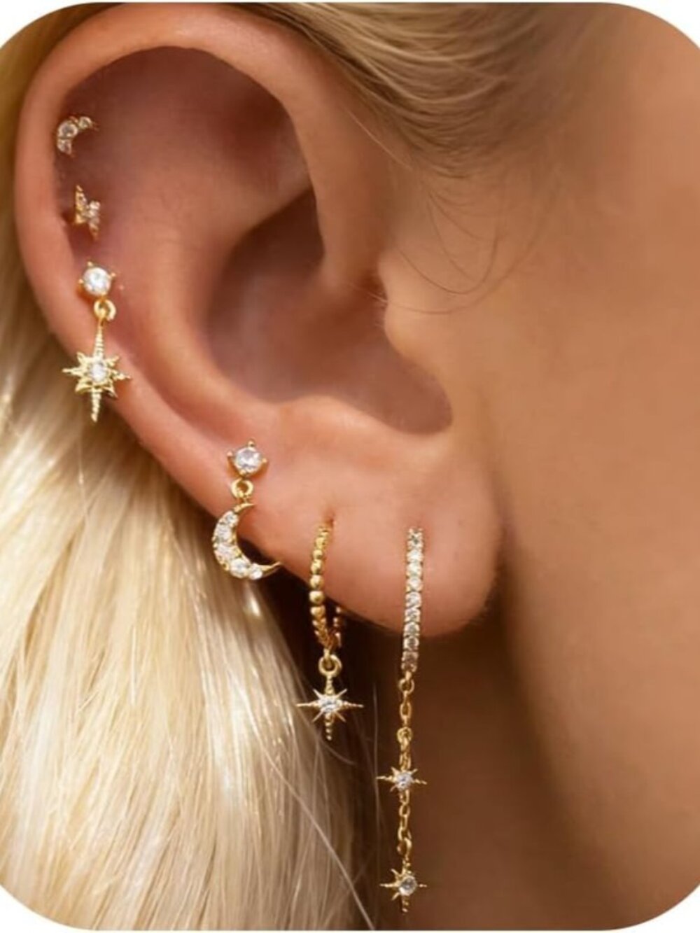 6 Pcs/6 Pairs Hypoallergenic Silver 14K Gold Plated Earrings for Women Moon Star
